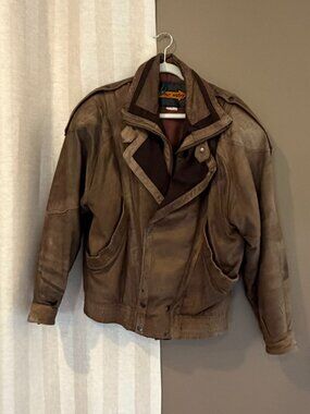 Vintage One Way 90s Brown Leather Bomber Jacket Wool Blend Panel, Size Small